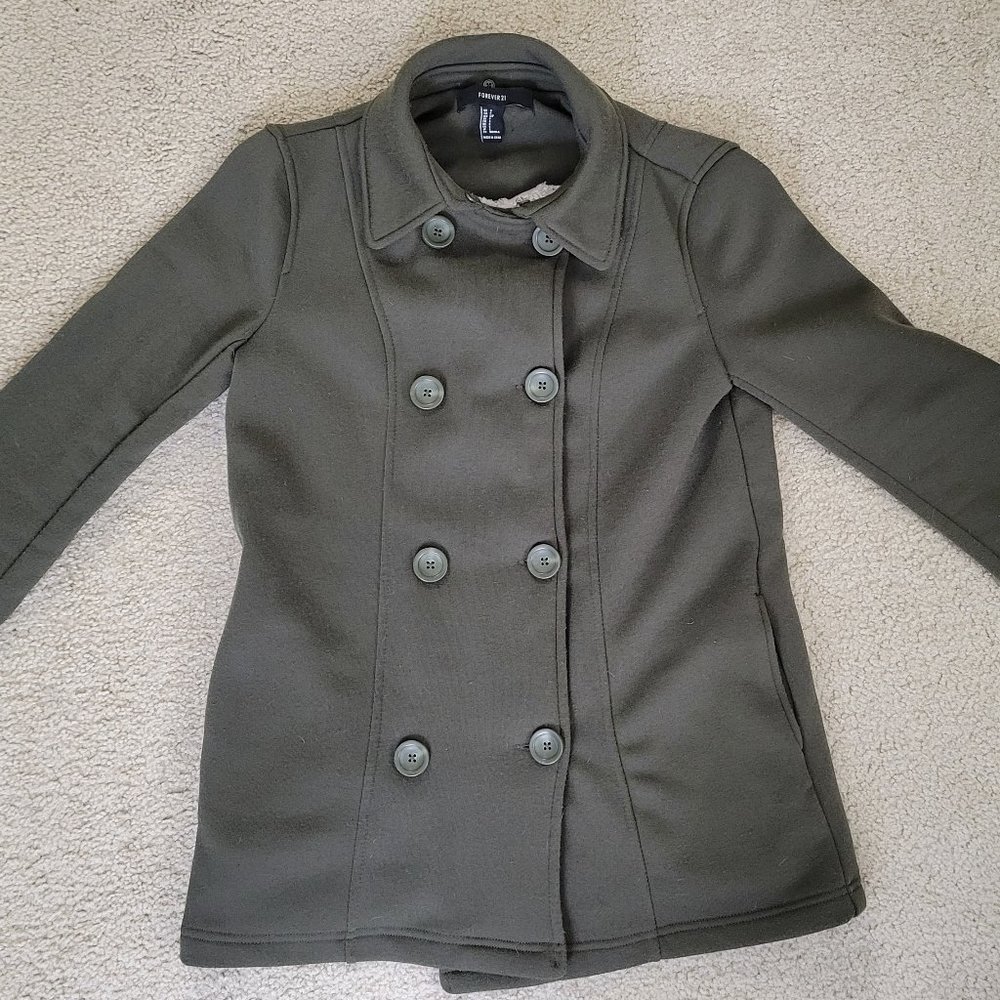 Forever 21 Pea Coat Women's Size Small Double Breasted Olive Green Casual